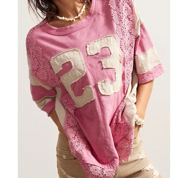 Color block Floral Lace Round neck oversized Short Sleeve Top - Picture 1 of 3